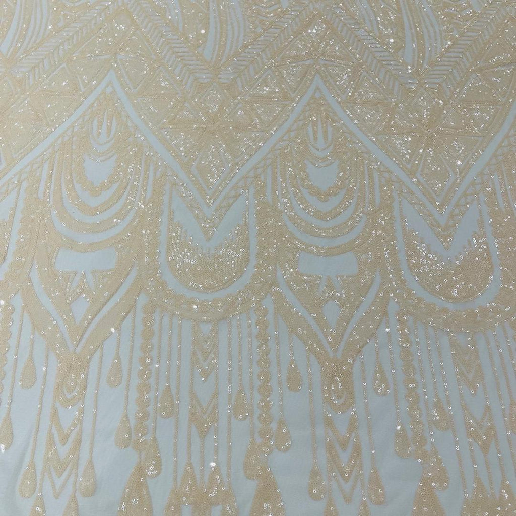 Feather Design Luxury Shiny Sequin - NUDE - 4 Way Stretch Mesh Fabric – Prom & Evening Dress Material By The Yard.