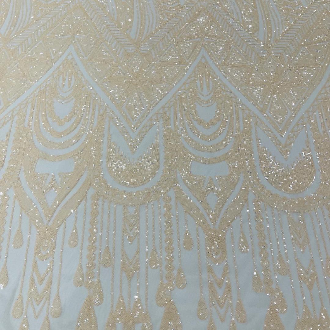 Feather Design Luxury Shiny Sequin - NUDE - 4 Way Stretch Mesh Fabric – Prom & Evening Dress Material By The Yard.