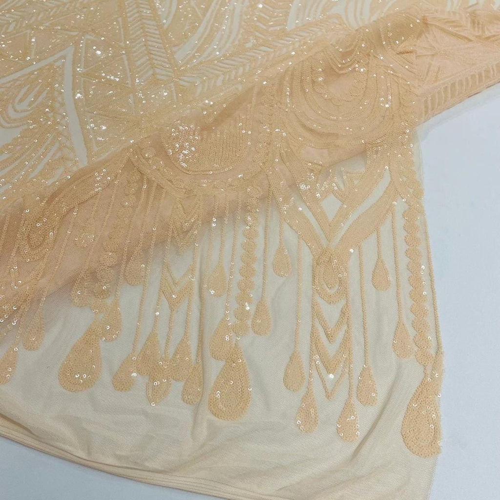 Feather Design Luxury Shiny Sequin - NUDE - 4 Way Stretch Mesh Fabric – Prom & Evening Dress Material By The Yard.