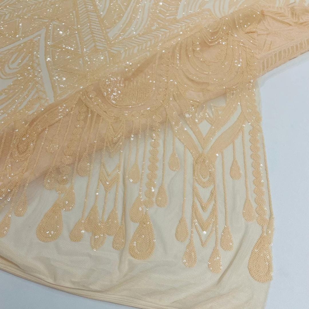 Feather Design Luxury Shiny Sequin - NUDE - 4 Way Stretch Mesh Fabric – Prom & Evening Dress Material By The Yard.
