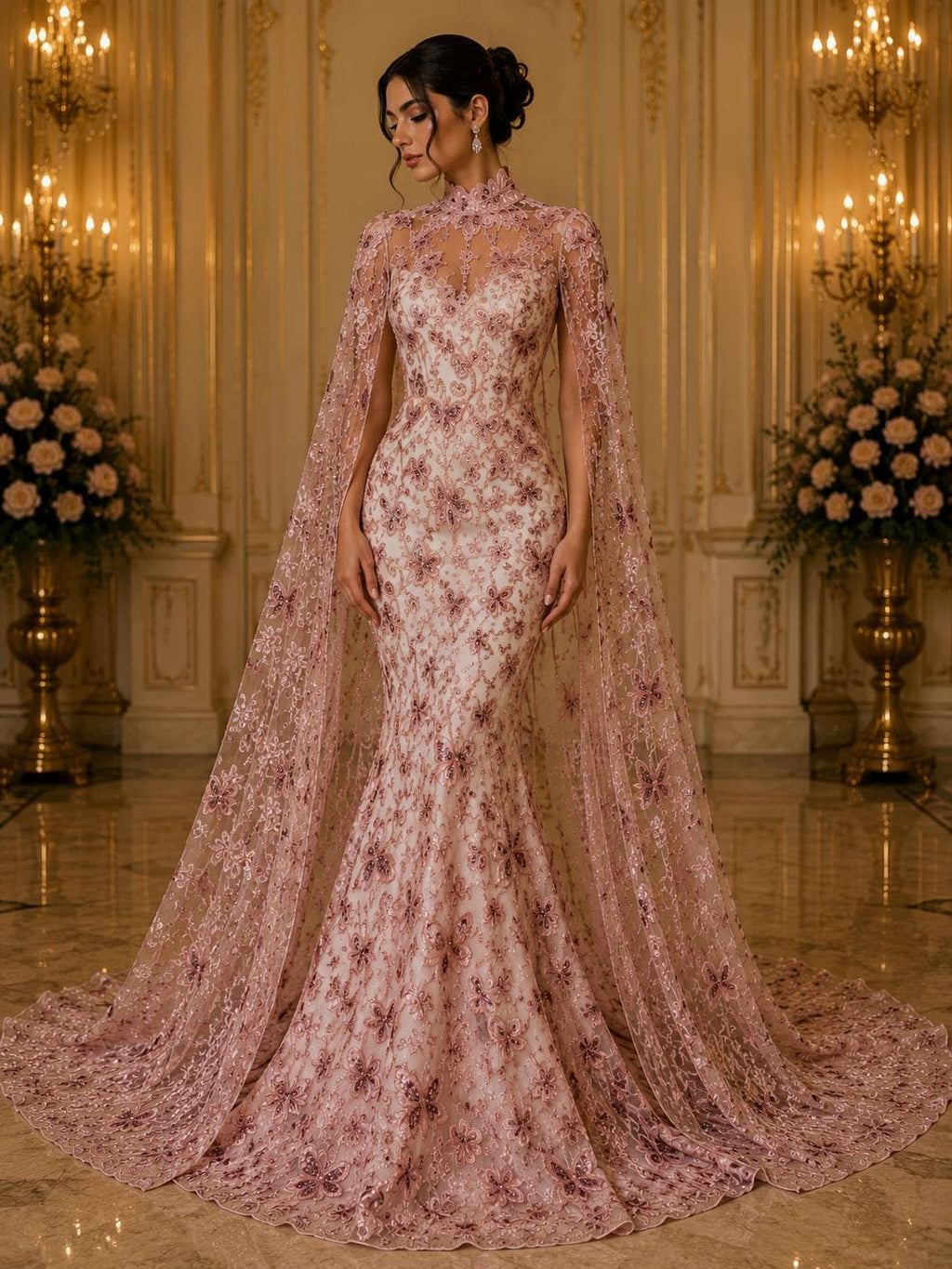 Butterfly Dusty Pink - Metallic Lace Fabric Embroidered Butterfly & Flowers Sequins For Quinsiañera Dresses - Prom Dress. Sold By The Yard