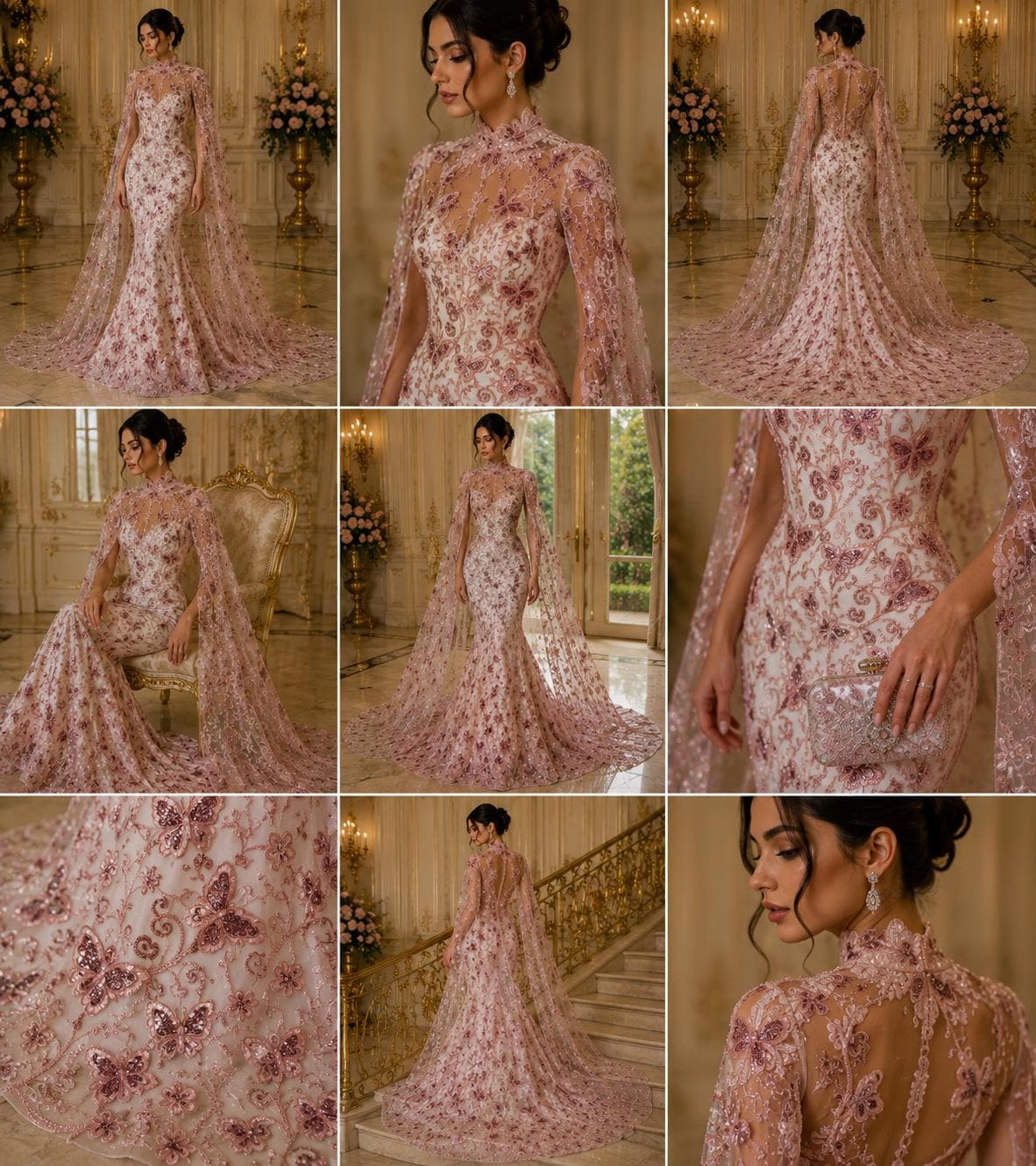 Butterfly Dusty Pink - Metallic Lace Fabric Embroidered Butterfly & Flowers Sequins For Quinsiañera Dresses - Prom Dress. Sold By The Yard