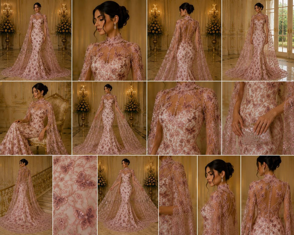 Butterfly Dusty Pink - Metallic Lace Fabric Embroidered Butterfly & Flowers Sequins For Quinsiañera Dresses - Prom Dress. Sold By The Yard