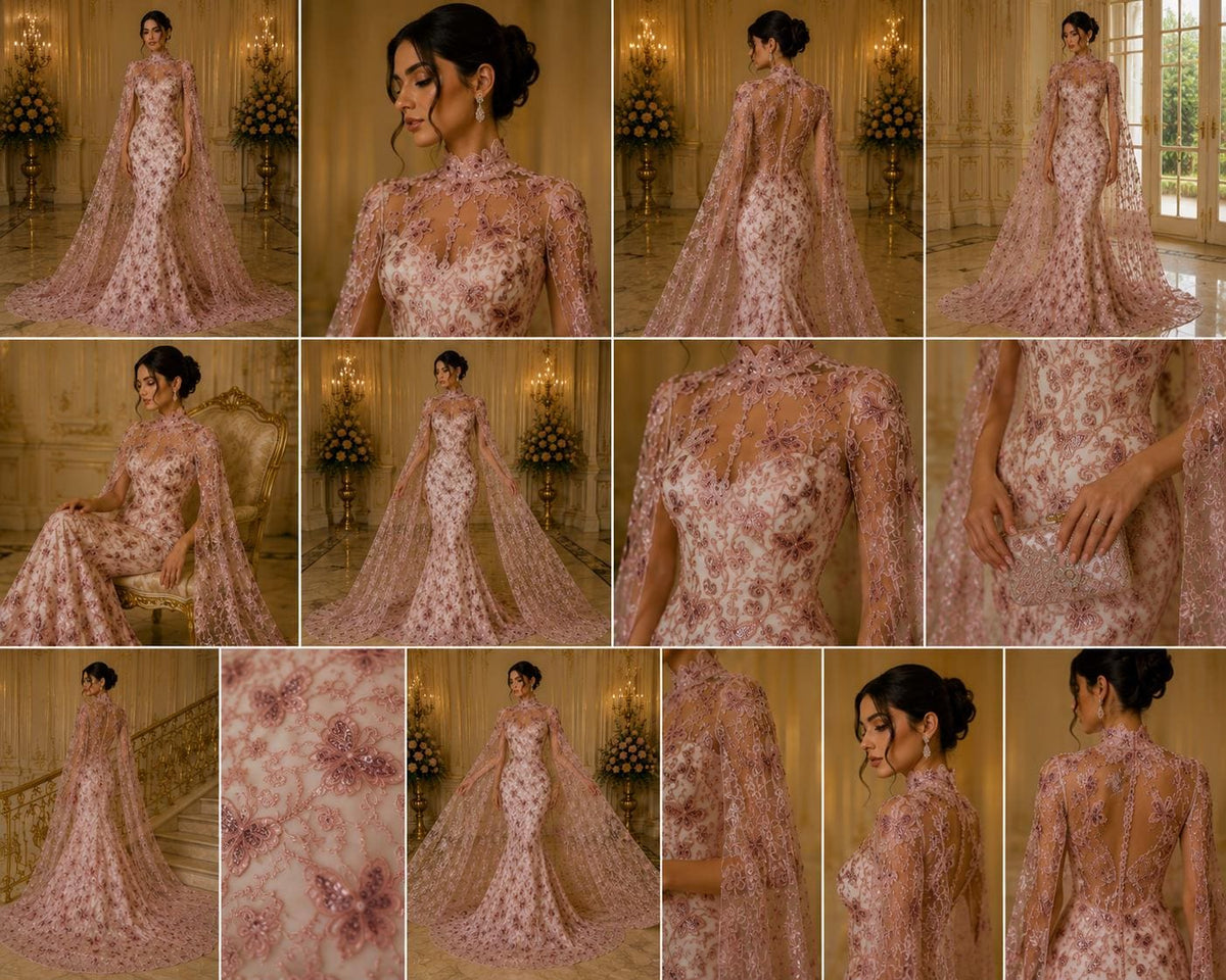 Butterfly Dusty Pink - Metallic Lace Fabric Embroidered Butterfly & Flowers Sequins For Quinsiañera Dresses - Prom Dress. Sold By The Yard