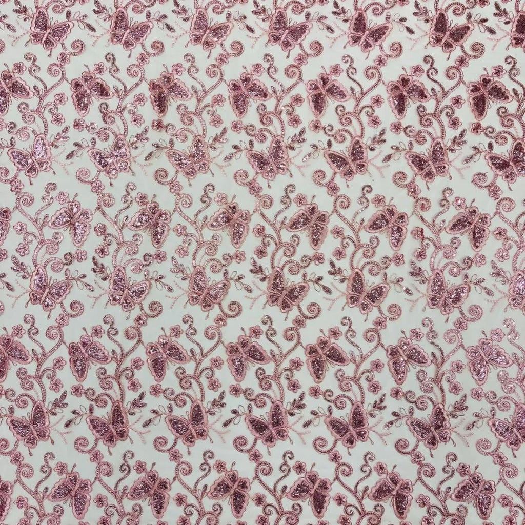 Butterfly Dusty Pink - Metallic Lace Fabric Embroidered Butterfly & Flowers Sequins For Quinsiañera Dresses - Prom Dress. Sold By The Yard