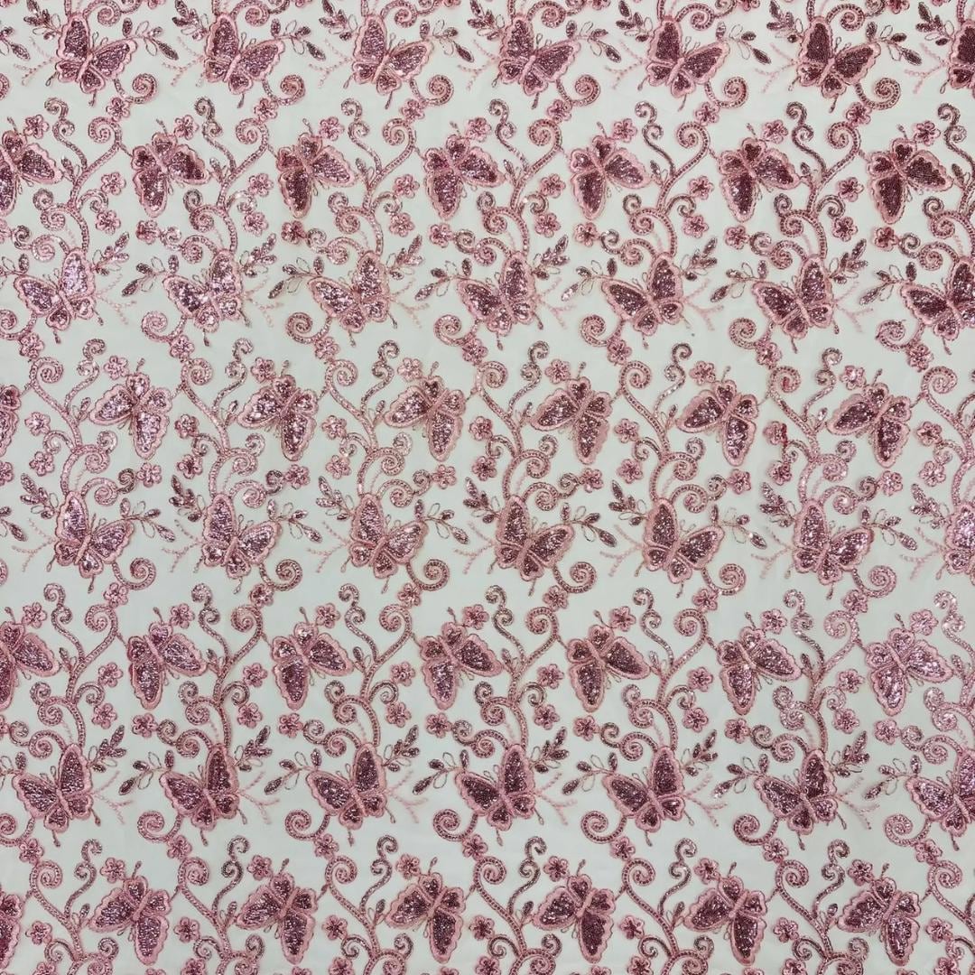 Butterfly Dusty Pink - Metallic Lace Fabric Embroidered Butterfly & Flowers Sequins For Quinsiañera Dresses - Prom Dress. Sold By The Yard