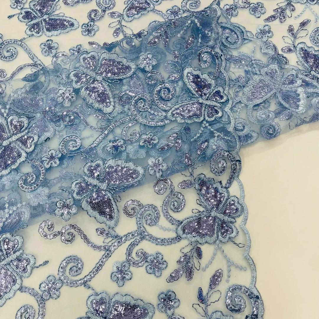 Butterfly Lt Blue - Metallic Lace Fabric Embroidered Butterfly & Flowers Sequins For Quinsiañera Dresses - Prom Dress. Sold By The Yard