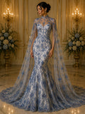 Butterfly Lt Blue - Metallic Lace Fabric Embroidered Butterfly & Flowers Sequins For Quinsiañera Dresses - Prom Dress. Sold By The Yard