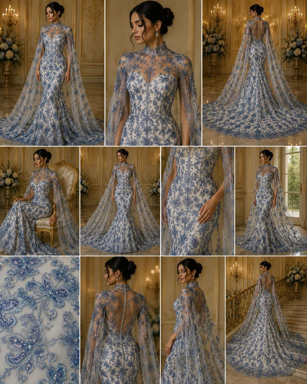 Butterfly Lt Blue - Metallic Lace Fabric Embroidered Butterfly & Flowers Sequins For Quinsiañera Dresses - Prom Dress. Sold By The Yard