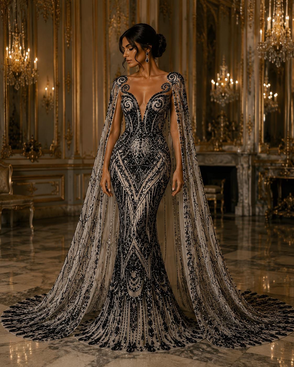 Feather Design Luxury Shiny Sequin - BLACK - 4 Way Stretch Mesh Fabric – Prom & Evening Dress Material By The Yard.