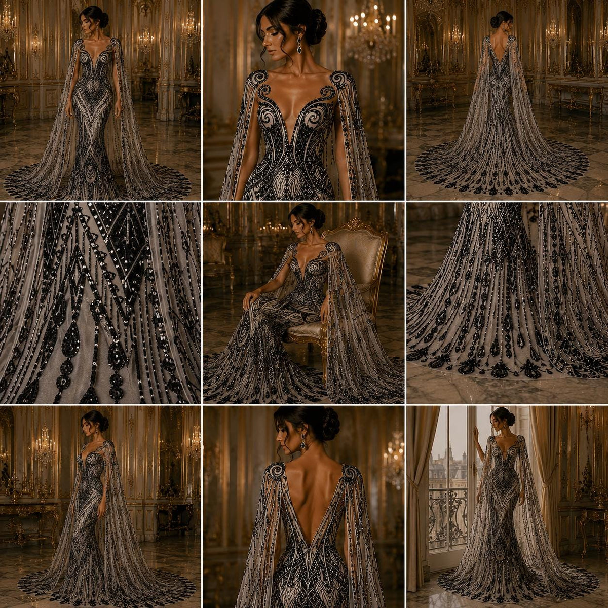 Feather Design Luxury Shiny Sequin - BLACK - 4 Way Stretch Mesh Fabric – Prom & Evening Dress Material By The Yard.