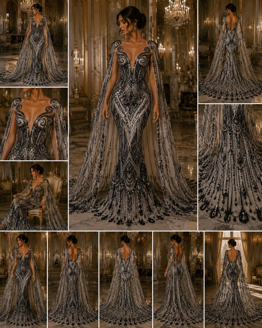 Feather Design Luxury Shiny Sequin - BLACK - 4 Way Stretch Mesh Fabric – Prom & Evening Dress Material By The Yard.