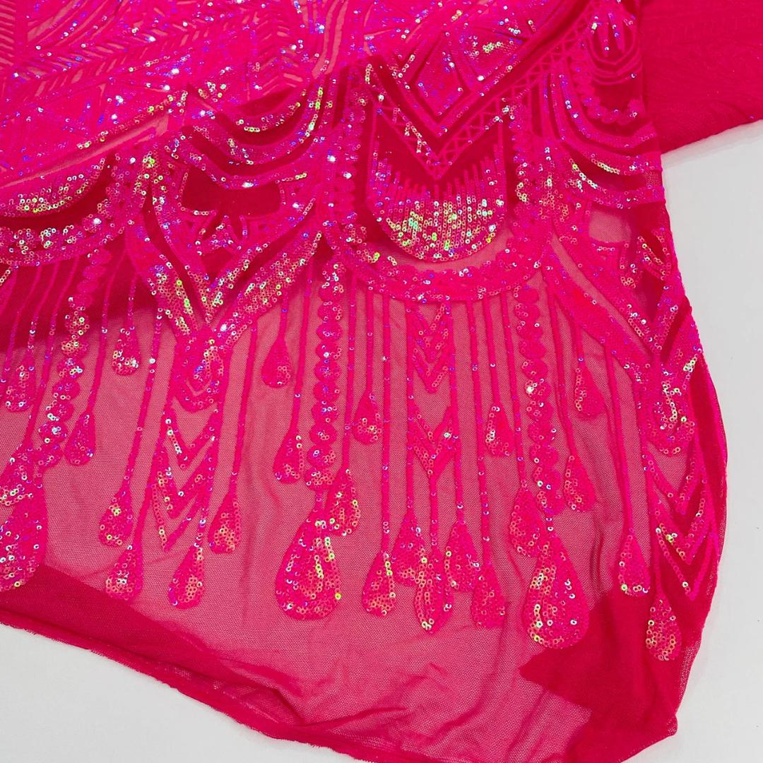 Feather Design Iridescent Luxury Shiny Sequin - FUCHSIA - 4 Way Stretch Mesh Fabric – Prom & Evening Dress Material By The Yard.