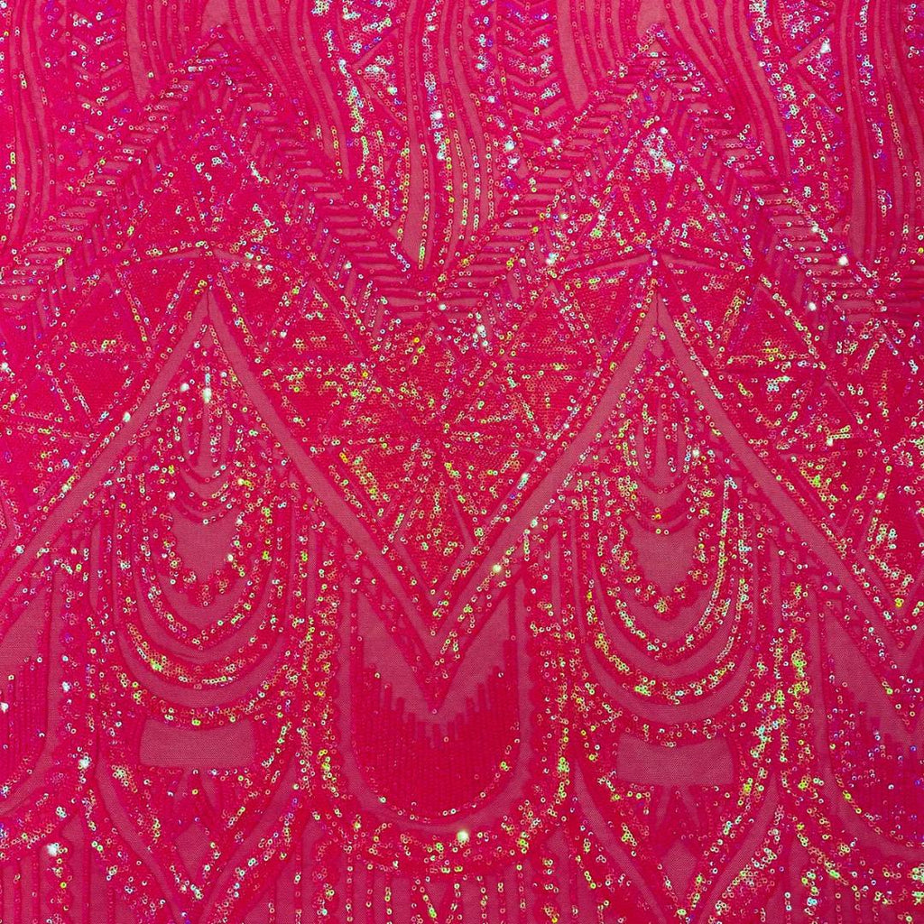 Feather Design Iridescent Luxury Shiny Sequin - FUCHSIA - 4 Way Stretch Mesh Fabric – Prom & Evening Dress Material By The Yard.