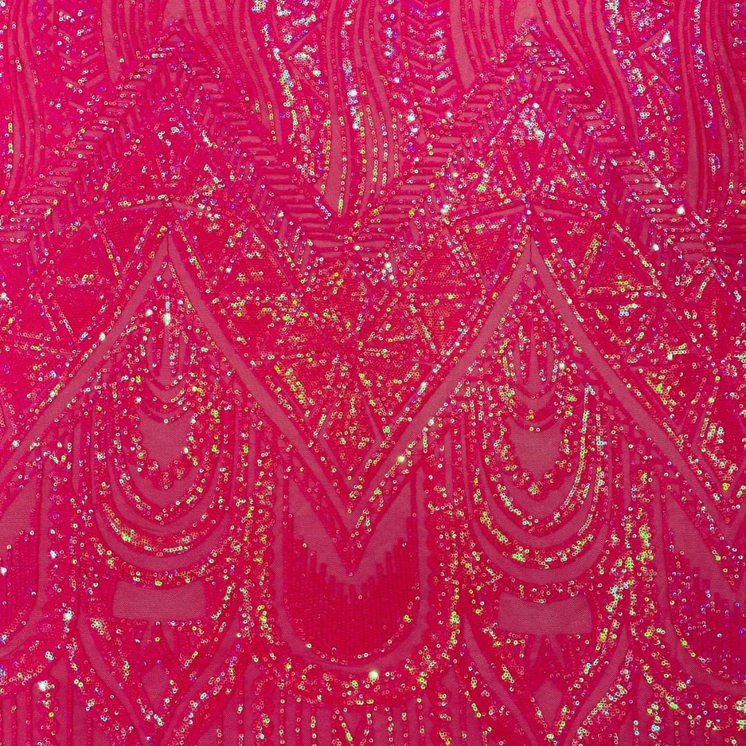 Feather Design Iridescent Luxury Shiny Sequin - FUCHSIA - 4 Way Stretch Mesh Fabric – Prom & Evening Dress Material By The Yard.