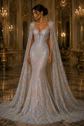Feather Design Iridescent Luxury Shiny Sequin - AQUA/NUDE - 4 Way Stretch Mesh Fabric – Prom & Evening Dress Material By The Yard.