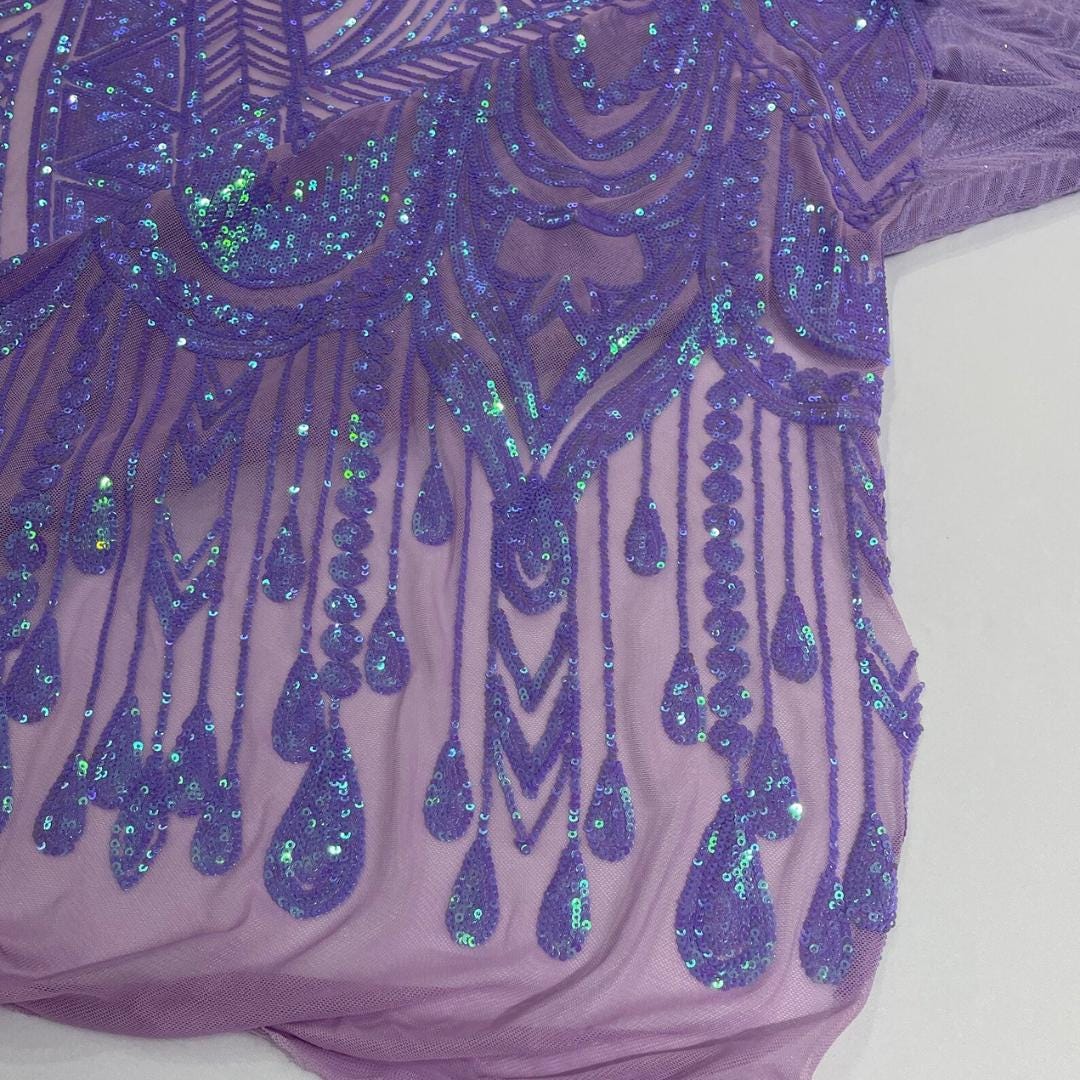 Feather Design Iridescent Luxury Shiny Sequin - LAVENDER - 4 Way Stretch Mesh Fabric – Prom & Evening Dress Material By The Yard.