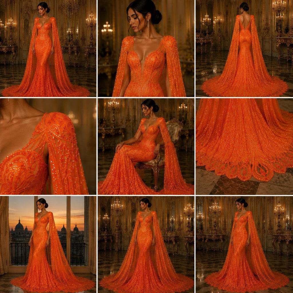 Feather Design Iridescent Luxury Shiny Sequin - ORANGE - 4 Way Stretch Mesh Fabric – Prom & Evening Dress Material By The Yard.