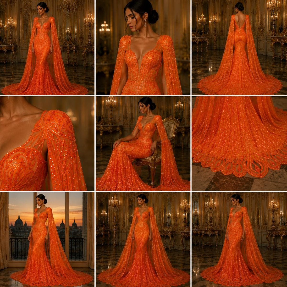 Feather Design Iridescent Luxury Shiny Sequin - ORANGE - 4 Way Stretch Mesh Fabric – Prom & Evening Dress Material By The Yard.