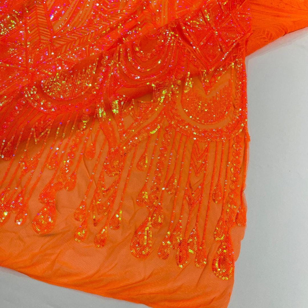 Feather Design Iridescent Luxury Shiny Sequin - ORANGE - 4 Way Stretch Mesh Fabric – Prom & Evening Dress Material By The Yard.