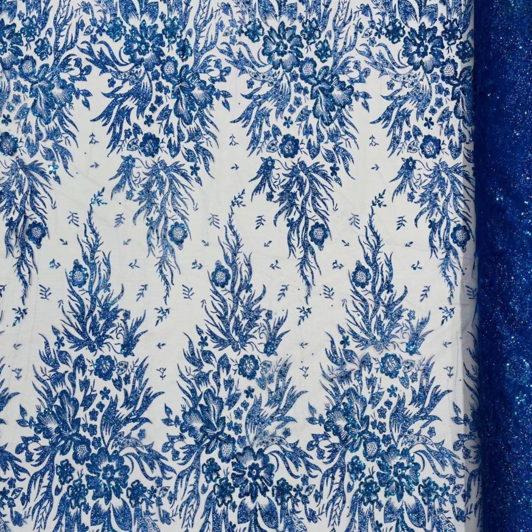Damask Lace - Royal - Glitter Big Damask Design Fabric 58” Wide For Quinsiañera Dresses - Prom Dress Sold By The Yard