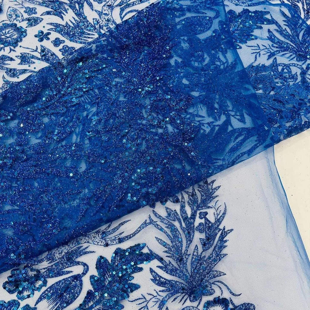 Damask Lace - Royal - Glitter Big Damask Design Fabric 58” Wide For Quinsiañera Dresses - Prom Dress Sold By The Yard