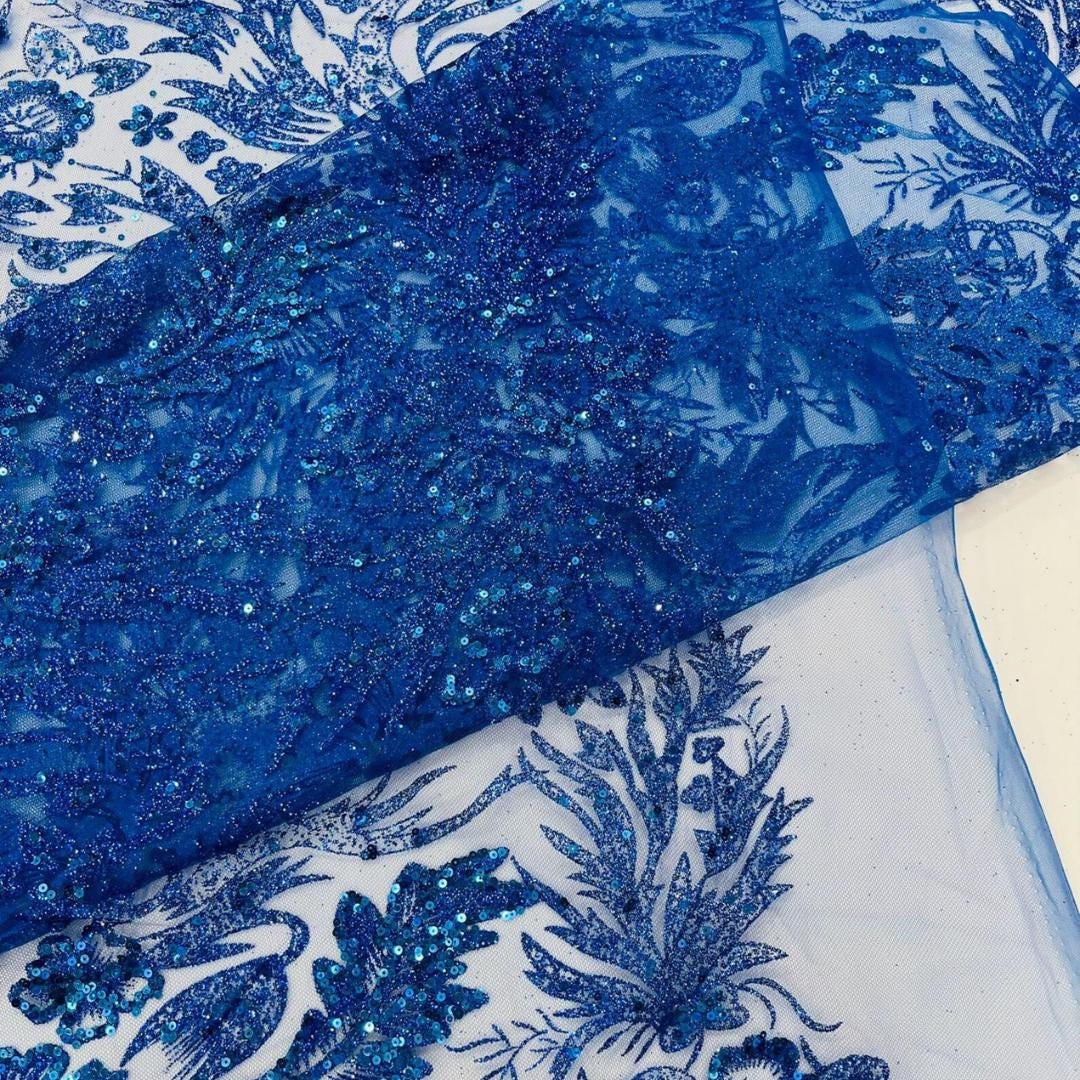 Damask Lace - Royal - Glitter Big Damask Design Fabric 58” Wide For Quinsiañera Dresses - Prom Dress Sold By The Yard