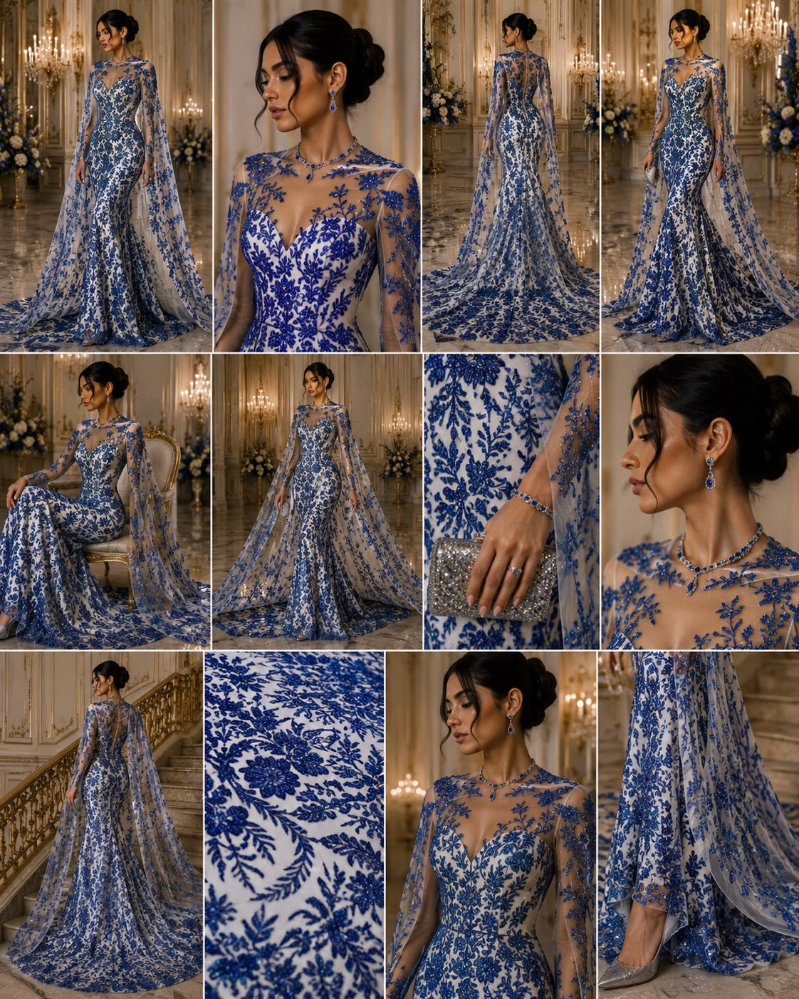 Damask Lace - Royal - Glitter Big Damask Design Fabric 58” Wide For Quinsiañera Dresses - Prom Dress Sold By The Yard