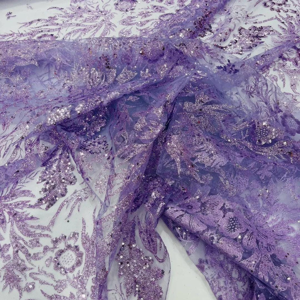 Damask Lace - Lilac - Glitter Big Damask Design Fabric 58” Wide For Quinsiañera Dresses - Prom Dress Sold By The Yard