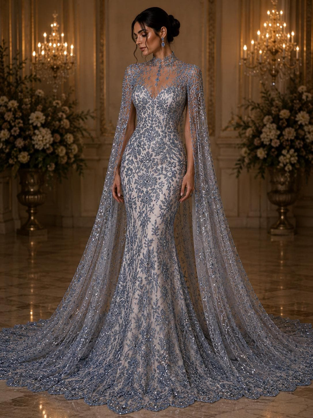 Damask Lace - Lt Blue - Glitter Big Damask Design Fabric 58” Wide For Quinsiañera Dresses - Prom Dress Sold By The Yard