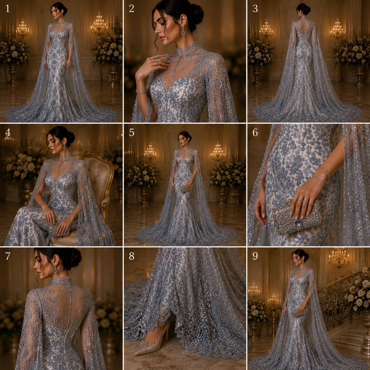 Damask Lace - Lt Blue - Glitter Big Damask Design Fabric 58” Wide For Quinsiañera Dresses - Prom Dress Sold By The Yard