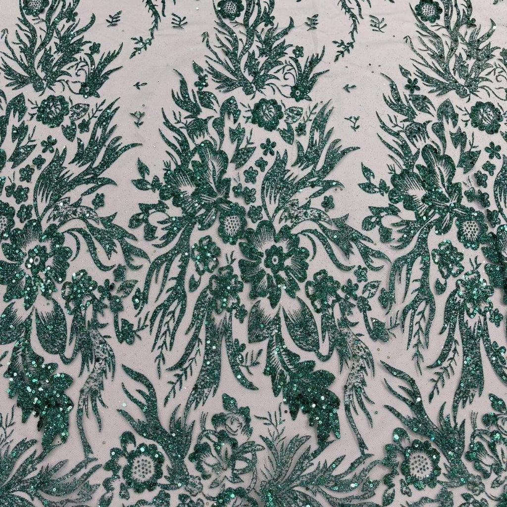 Damask Lace - Hunter - Glitter Big Damask Design Fabric 58” Wide For Quinsiañera Dresses - Prom Dress Sold By The Yard