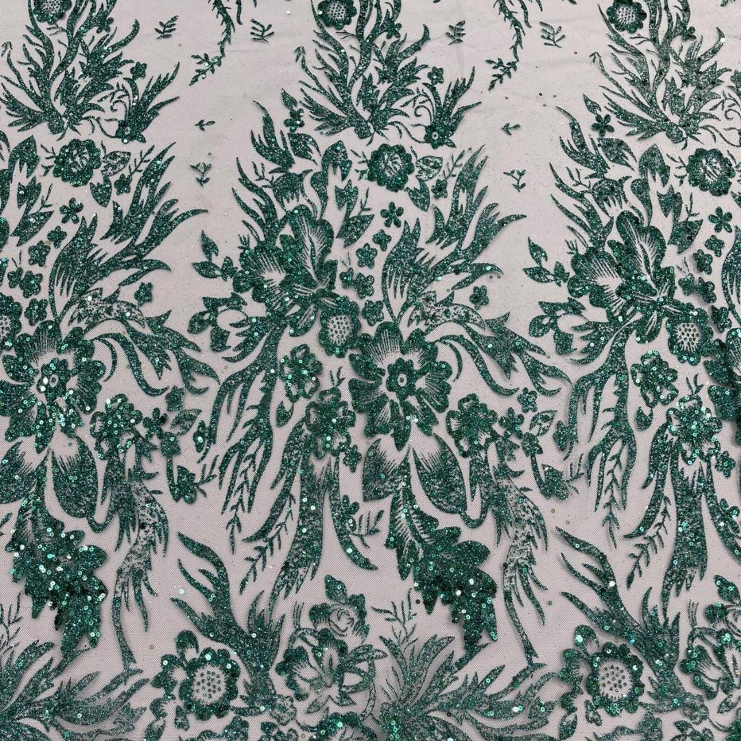 Damask Lace - Hunter - Glitter Big Damask Design Fabric 58” Wide For Quinsiañera Dresses - Prom Dress Sold By The Yard