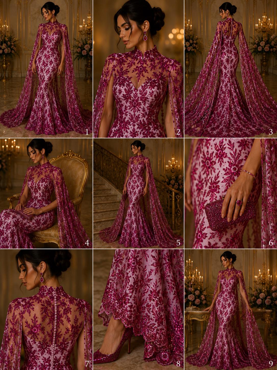 Damask Lace - Fuchsia - Glitter Big Damask Design Fabric 58” Wide For Quinsiañera Dresses - Prom Dress Sold By The Yard