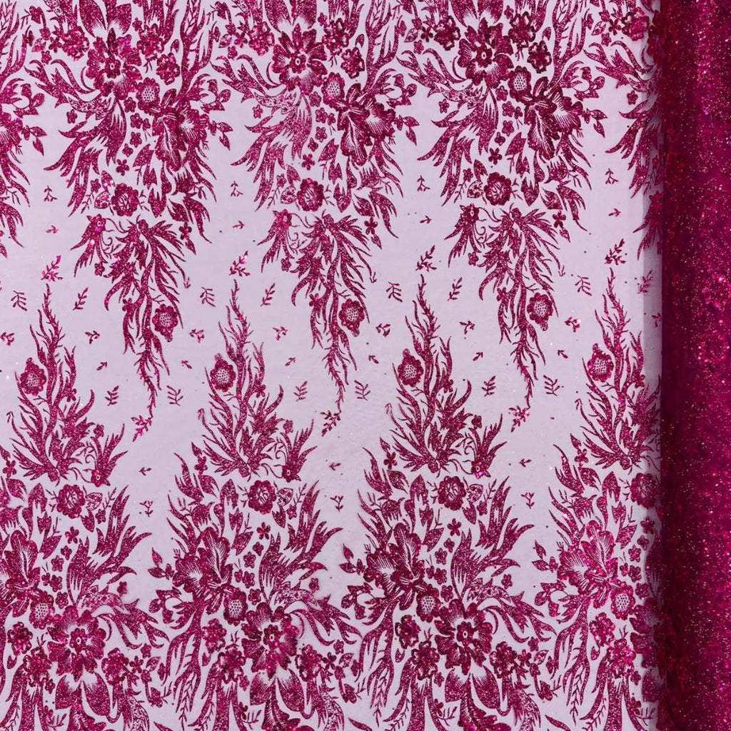 Damask Lace - Fuchsia - Glitter Big Damask Design Fabric 58” Wide For Quinsiañera Dresses - Prom Dress Sold By The Yard