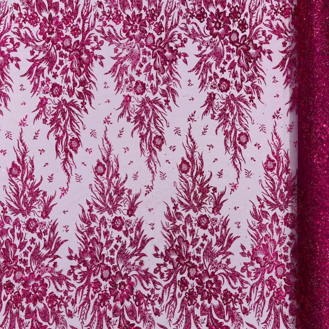 Damask Lace - Fuchsia - Glitter Big Damask Design Fabric 58” Wide For Quinsiañera Dresses - Prom Dress Sold By The Yard