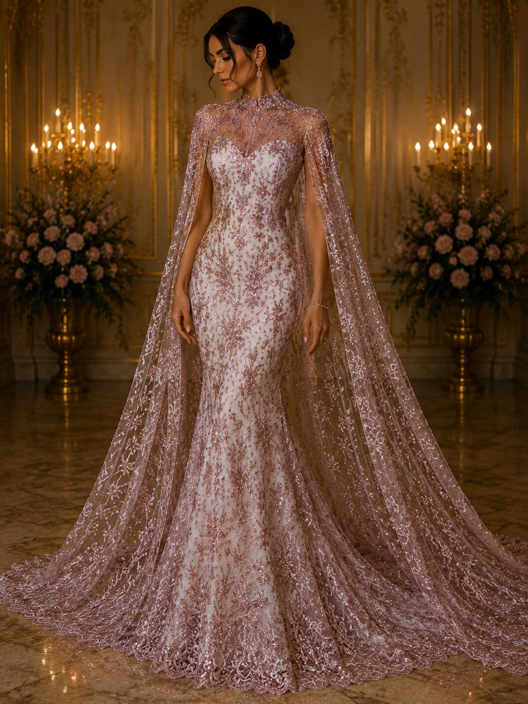 Damask Lace - Dusty Rose - Glitter Big Damask Design Fabric 58” Wide For Quinsiañera Dresses - Prom Dress Sold By The Yard