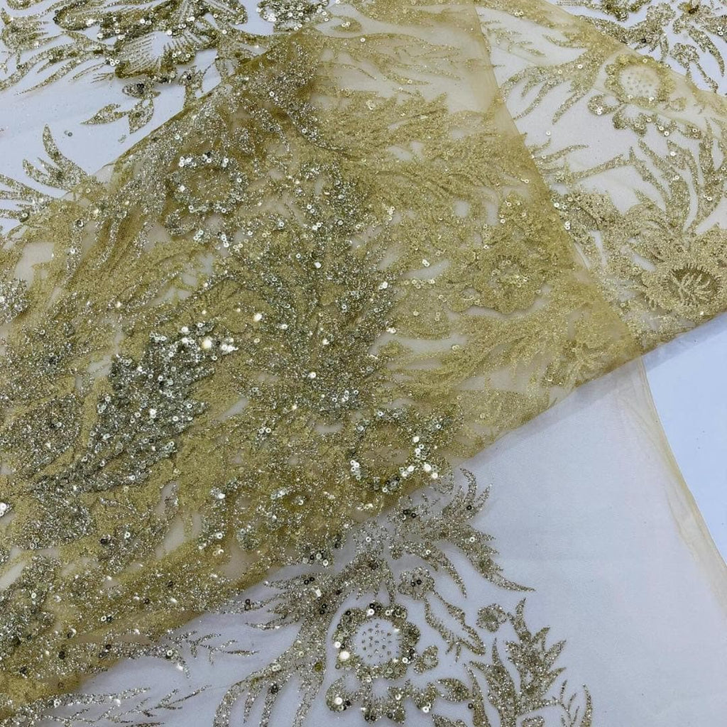 Damask Lace - Gold - Glitter Big Damask Design Fabric 58” Wide For Quinsiañera Dresses - Prom Dress Sold By The Yard