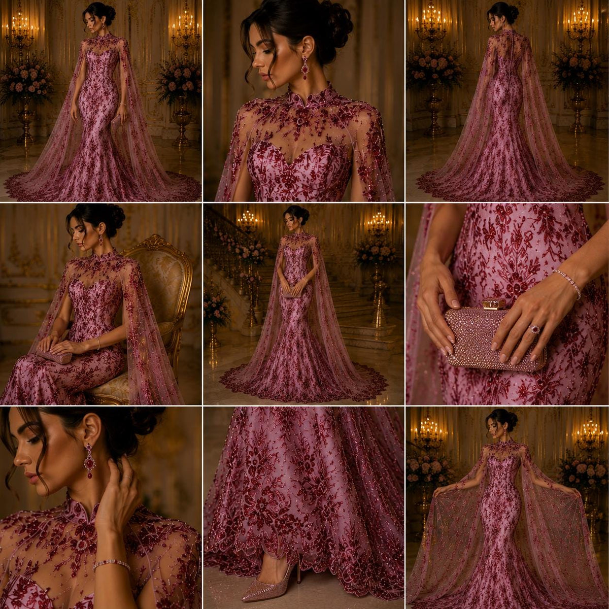 Damask Lace - Burgundy - Glitter Big Damask Design Fabric 58” Wide For Quinsiañera Dresses - Prom Dress Sold By The Yard