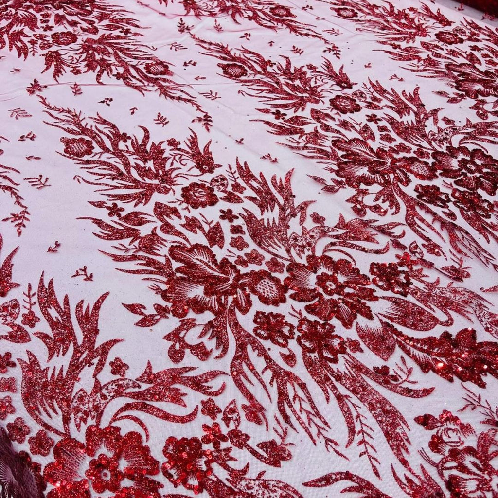 Damask Lace - Burgundy - Glitter Big Damask Design Fabric 58” Wide For Quinsiañera Dresses - Prom Dress Sold By The Yard
