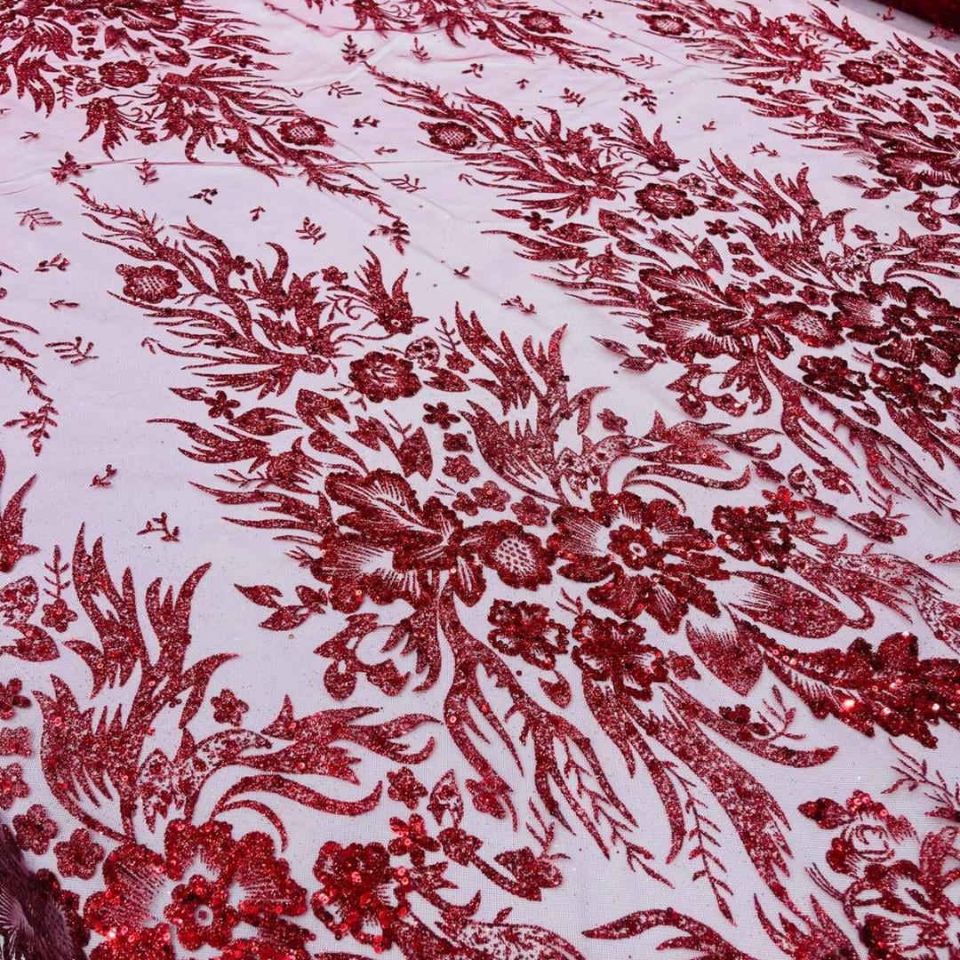 Damask Lace - Burgundy - Glitter Big Damask Design Fabric 58” Wide For Quinsiañera Dresses - Prom Dress Sold By The Yard