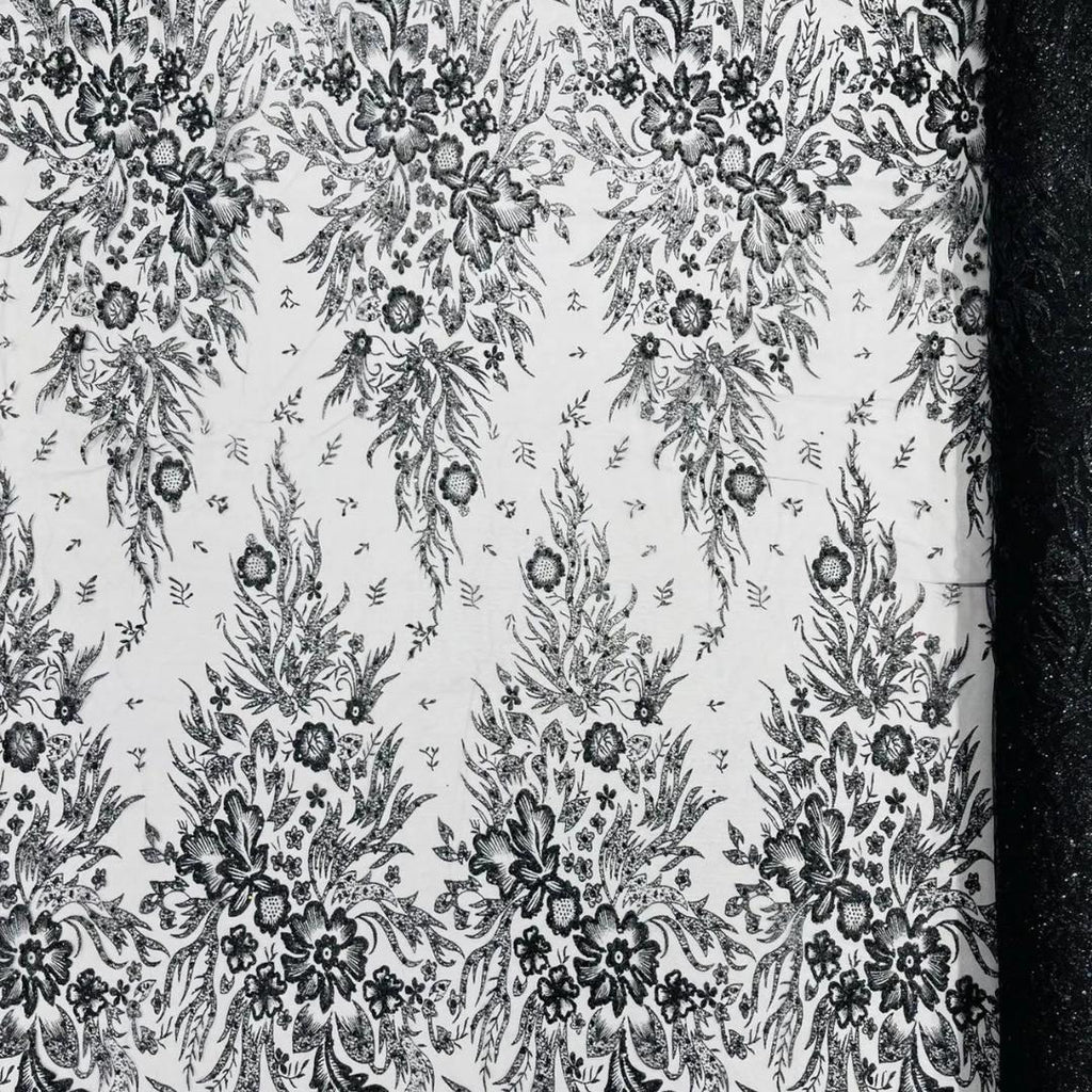 Damask Lace - Black - Glitter Big Damask Design Fabric 58” Wide For Quinsiañera Dresses - Prom Dress Sold By The Yard