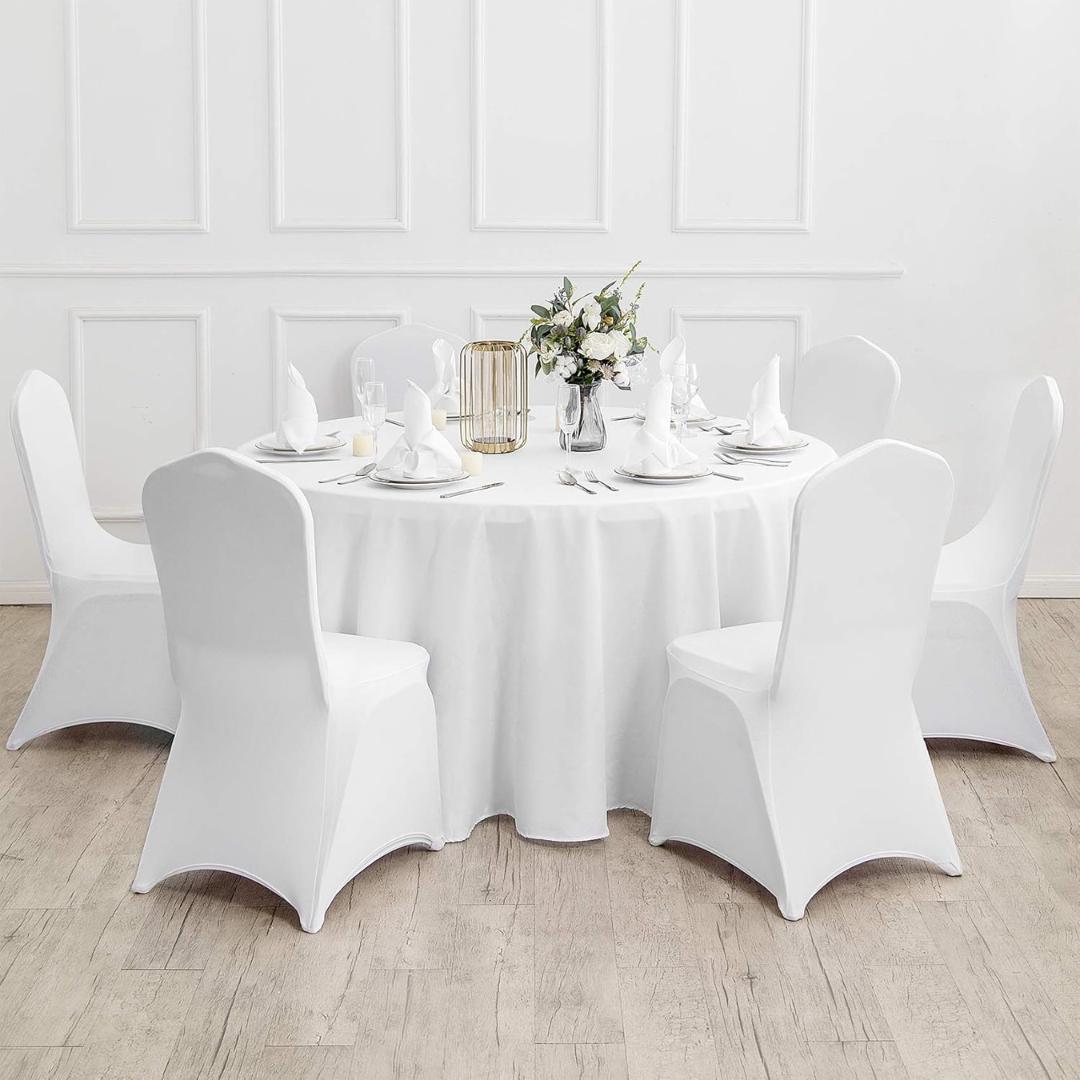 WHITE - 132" Round Polyester Poplin Washable Tablecloth, Stain Wrinkle Resistant Table Cover - Fabric Table Cloth Dinning, Kitchen, Party
