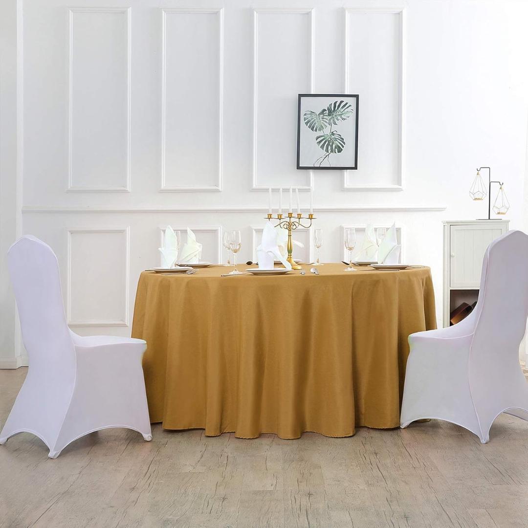 GOLD - 120" Round Polyester Poplin Washable Tablecloth, Stain Wrinkle Resistant Table Cover - Fabric Table Cloth Dinning, Kitchen, Party