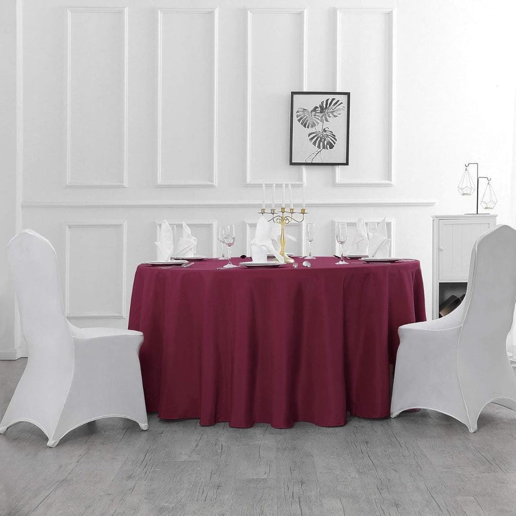 BURGUNDY - 120" Round Polyester Poplin Washable Tablecloth, Stain Wrinkle Resistant Table Cover - Fabric Table Cloth Dinning, Kitchen, Party