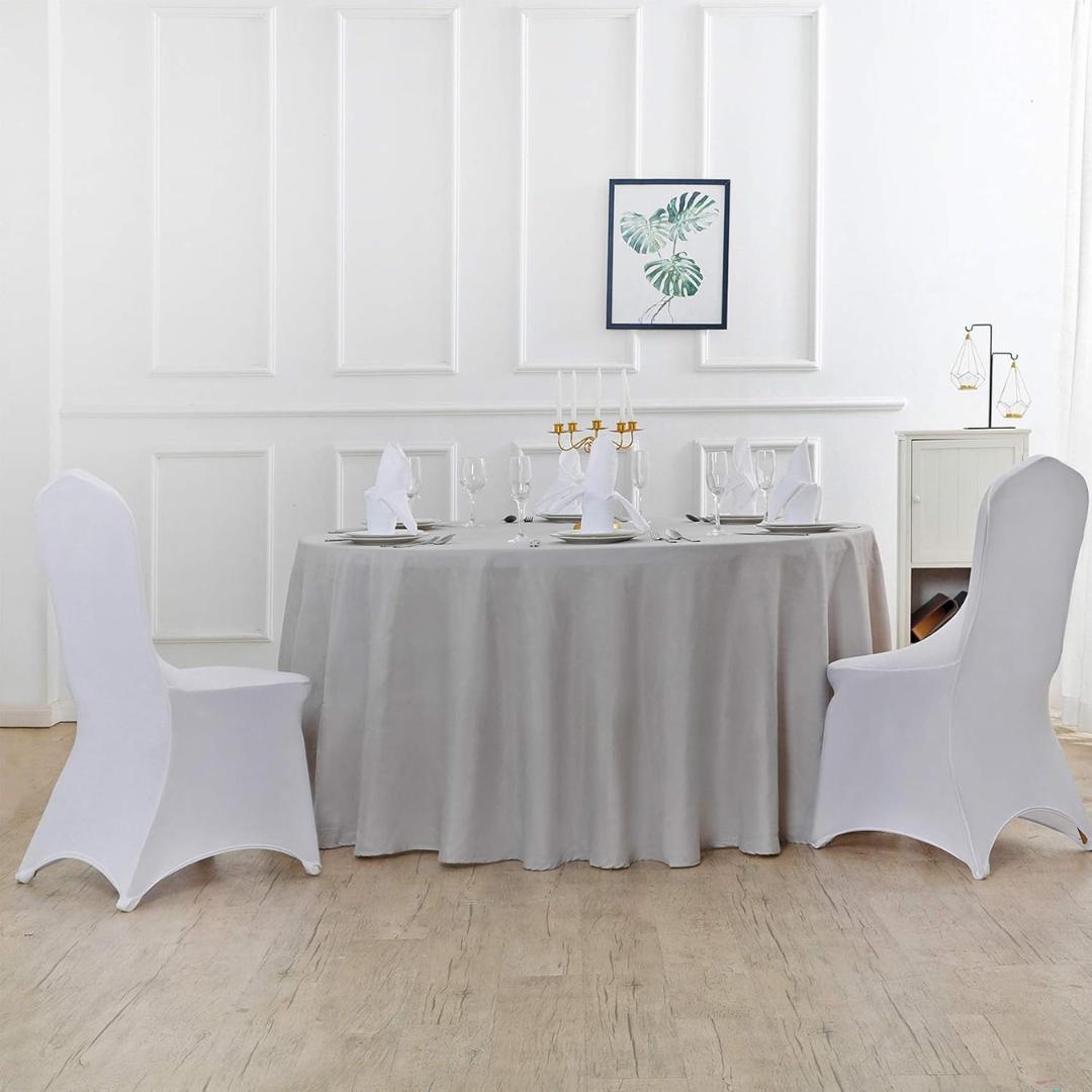 SILVER - 120" Round Polyester Poplin Washable Tablecloth, Stain Wrinkle Resistant Table Cover - Fabric Table Cloth Dinning, Kitchen, Party