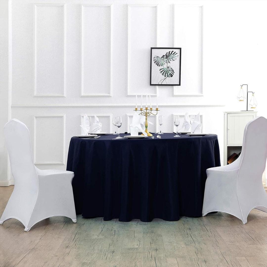 NAVY - 120" Round Polyester Poplin Washable Tablecloth, Stain Wrinkle Resistant Table Cover - Fabric Table Cloth Dinning, Kitchen, Party