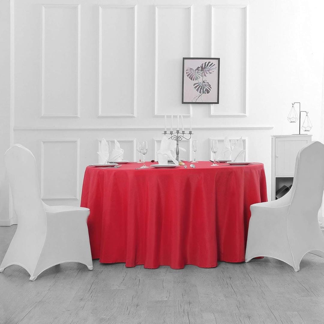 RED - 120" Round Polyester Poplin Washable Tablecloth, Stain Wrinkle Resistant Table Cover - Fabric Table Cloth Dinning, Kitchen, Party