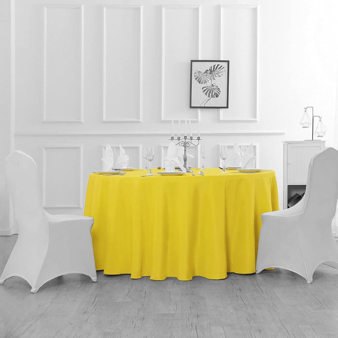YELLOW - 120" Round Polyester Poplin Washable Tablecloth, Stain Wrinkle Resistant Table Cover - Fabric Table Cloth Dinning, Kitchen, Party