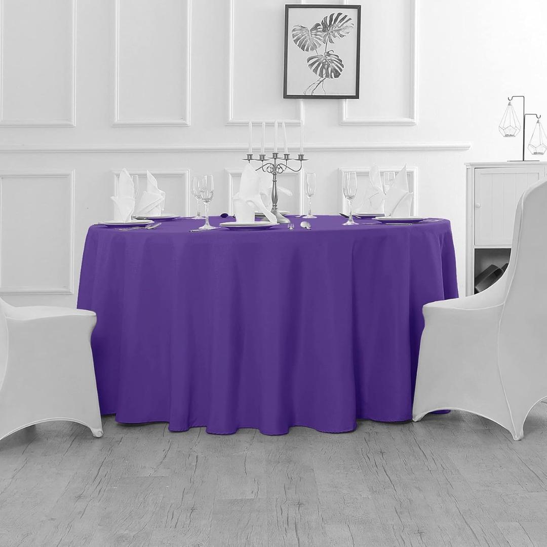 PURPLE - 120" Round Polyester Poplin Washable Tablecloth, Stain Wrinkle Resistant Table Cover - Fabric Table Cloth Dinning, Kitchen, Party